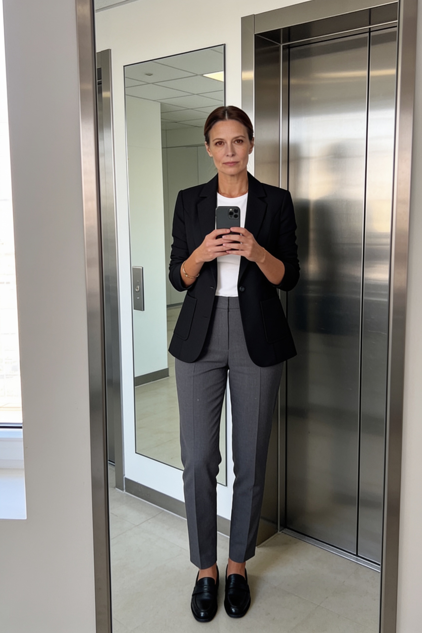Woman taking a full-length mirror selfie in an office lobby wearing an open black single-button blazer over a white tee, straight-leg grey tailored trousers and black leather loafers.