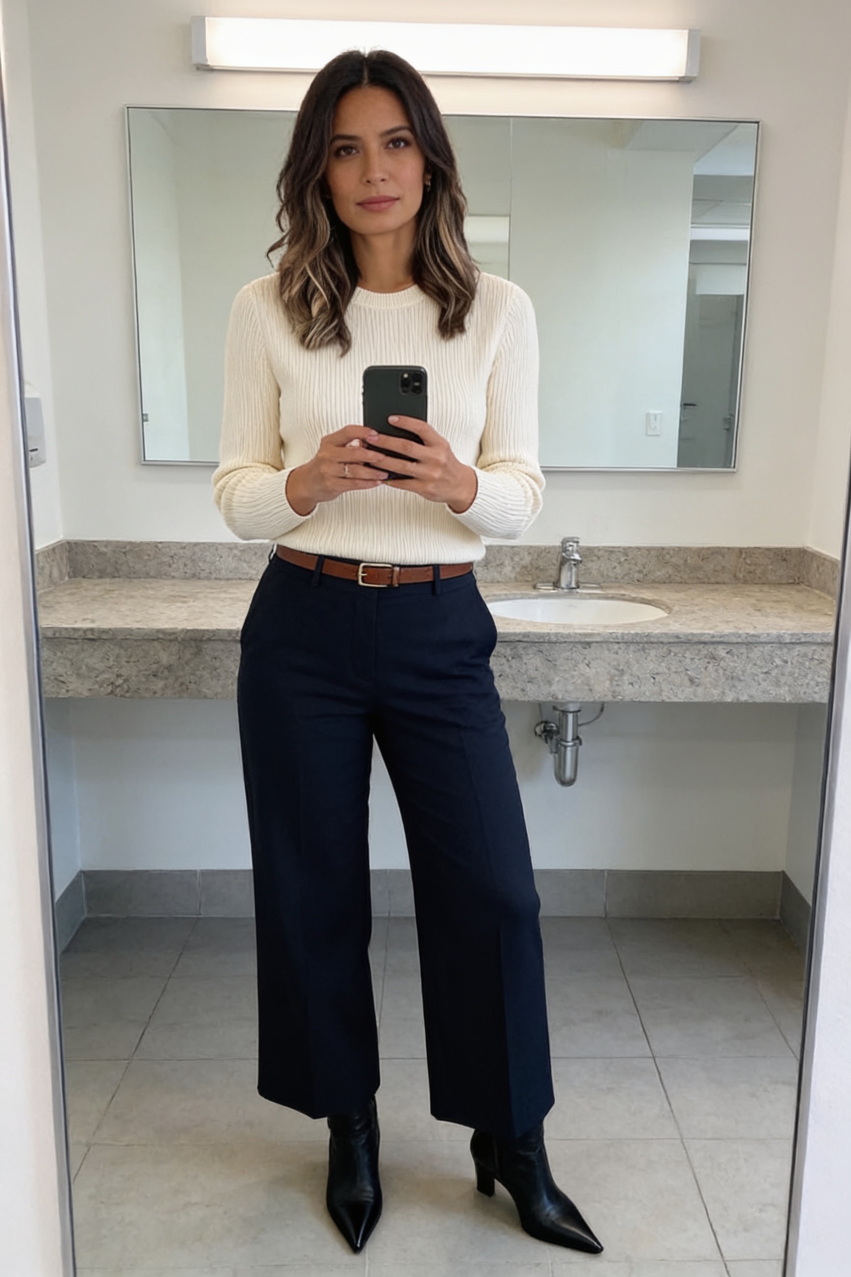 Woman taking a full-length mirror selfie in an office washroom wearing a cream ribbed-knit crew-neck sweater tucked into navy wide-leg tailored trousers with a brown belt and black pointed ankle boots.